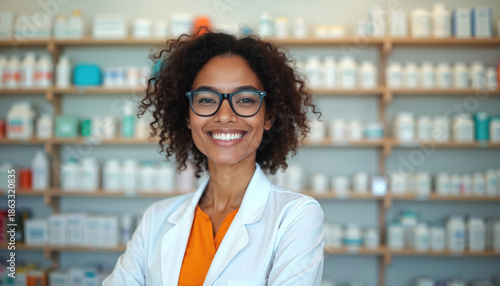 Wallpaper Mural Smiling woman pharmacist wears lab coat in drugstore. Shelves with medicine bottles behind her. Person works in health care, offers service and advice. She is happy. Torontodigital.ca