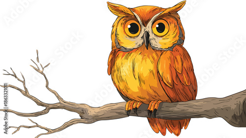 Cute Cartoon Owl Bird Posing on Tree Vector with Outline Isolated