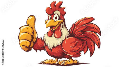 Cheerful Cartoon Rooster Giving Thumbs Up with Outline on White Background