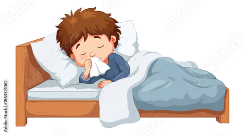 Sick Boy Cartoon Character in Bed Vector Illustration on White Background