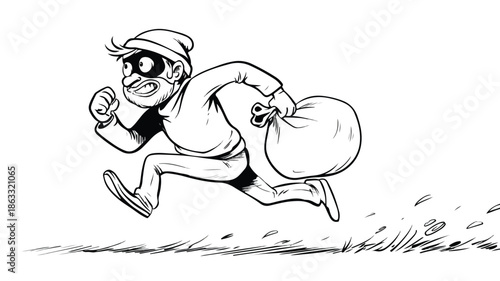 Cartoon Thief Sprinting with Stolen Bag in Vector Style
