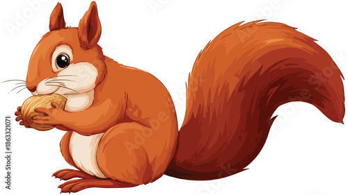 Cute Cartoon Squirrel Sitting and Holding Nut Vector Illustration