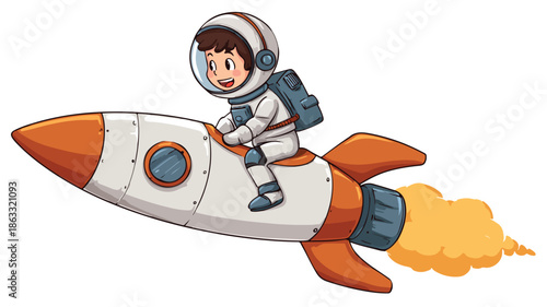 Young Astronaut Riding Rocket Vector Outline