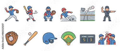 Baseball icons depicting players pitching, batting, catching, sliding, and celebrating, with related equipment.