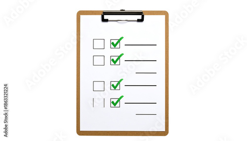 Checklist on a clipboard isolated on transparent background, high-quality PNG showing tasks with check marks, perfect for productivity, planning, business, and organization visuals.
