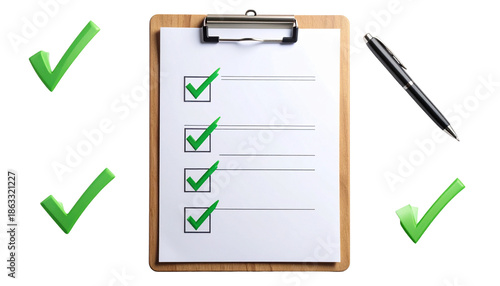 Checklist on a clipboard isolated on transparent background, high-quality PNG showing tasks with check marks, perfect for productivity, planning, business, and organization visuals.