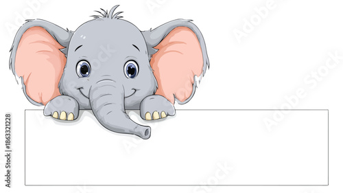 Adorable Baby Elephant Cartoon Holding Blank Sign, Vector Illustration