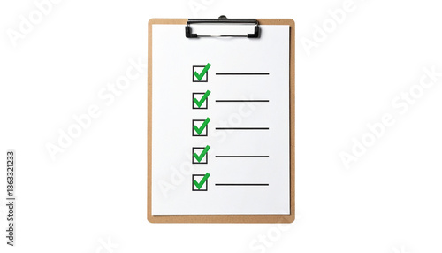 Checklist on a clipboard isolated on transparent background, high-quality PNG showing tasks with check marks, perfect for productivity, planning, business, and organization visuals.