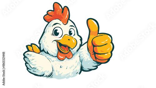 Cheerful Cartoon Chicken Giving Thumbs Up Gesture with Outline - Vector Illustration