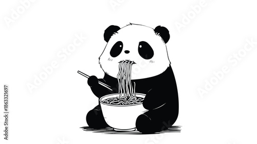 Adorable Panda Eating Noodles on White Background Vector Illustration