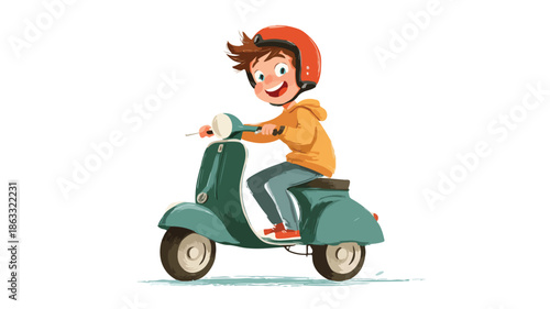 Cheerful Schoolboy Riding Scooter Cartoon Vector with Outline
