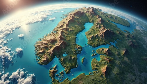This is a top view of Scandinavia from space. It shows the mountains, lakes, and coastlines of northern Europe. The sun shines brightly on the land and sea.