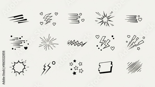 Collection of dynamic comic book style motion and explosion effects