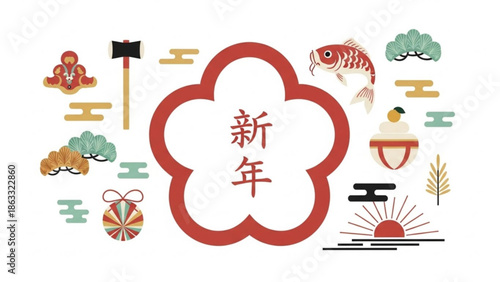 Vibrant Japanese New Year illustration with traditional symbols
