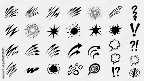 Collection of dynamic comic book style graphic effects and symbols