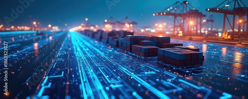 Containers rest on glowing blue circuit board path. Digital network infrastructure connects global shipping, logistics. Port cranes operate with automated tech, enabling efficient cargo distribution,