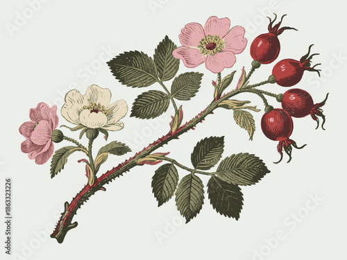 Detailed botanical drawing of rose hip branch with leaves, blossoms, and fruits in vintage style on white background, symbolizing nature study