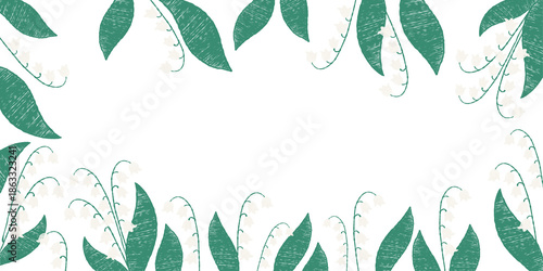 Floral Frame with Spring May Lilies of the Valley on Green Background. Hand-drawn Crayon white forest flowers