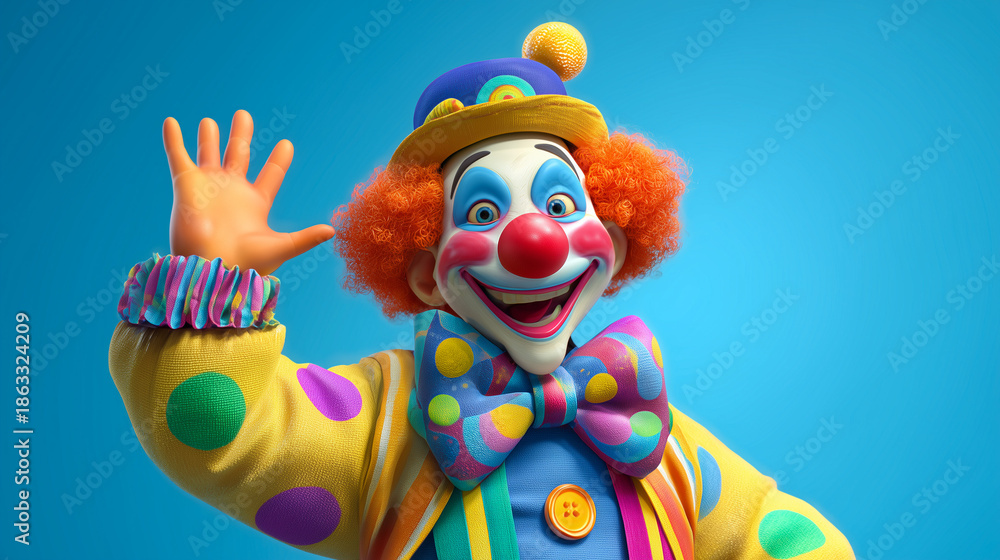 Fototapeta premium Happy clown jumping in the air on a blue background.
