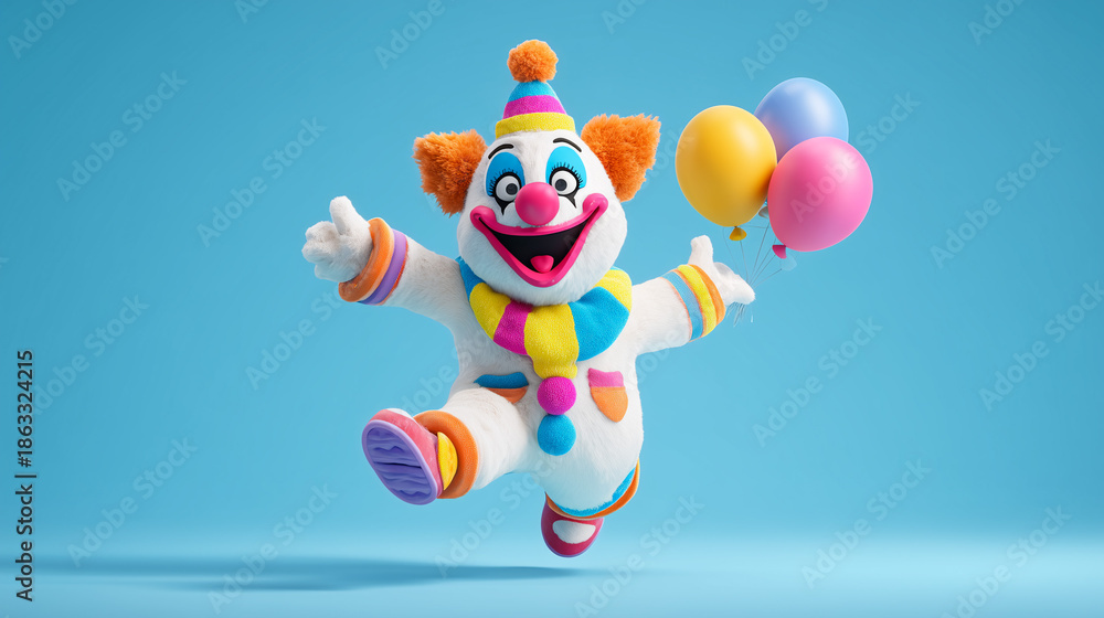 Fototapeta premium Happy clown jumping in the air on a blue background.