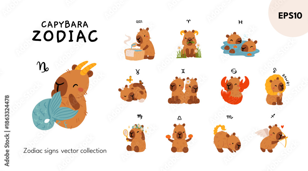Fototapeta premium Capybara zodiac signs kawaii vector set, cute cartoon astrology animals clipart. Horoscope symbols collection, flat EPS10 illustration for stickers, prints and social media