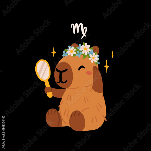 Capybara zodiac signs kawaii vector set, cute cartoon astrology animals clipart. Horoscope symbols collection, flat EPS10 illustration for stickers, prints and social media