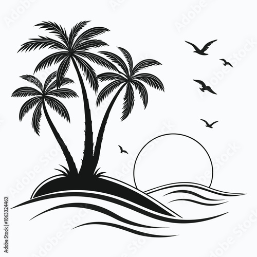 Coastal Beach Line Art Pattern with Tropical Icons