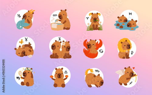 Capybara zodiac signs kawaii vector set, cute cartoon astrology animals clipart. Horoscope symbols collection, flat EPS10 illustration for stickers, prints and social media