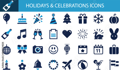 Holidays and celebrations icon set. Containing champagne bottles, birthday cakes, fireworks, party hats, Christmas trees, gift boxes, and festive decorations.