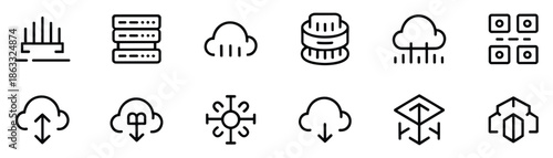 Black line icon set illustrating cloud computing, data storage, networking, cybersecurity, and digital infrastructure concepts