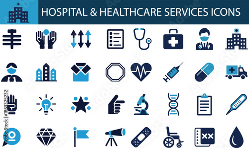 Hospital and healthcare services icon set. Containing hospital buildings, stethoscopes, first aid kits, doctors, ambulances, DNA strands, and medical equipment.