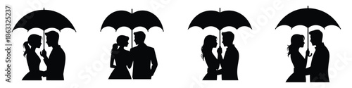 Couple Under Umbrella Silhouette Vector – Romantic Valentine’s Day Love Illustration, Symbol of Care, Protection, and Affection for Greeting Cards, Wedding Invitations, Posters, and Romantic Art
