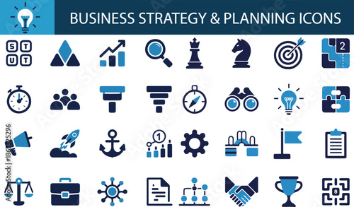 Business strategy and planning icon set. Containing chess pieces, target, lightbulb, rocket, puzzle, magnifying glass, gears, handshake, trophy, financial charts, megaphone, stopwatch, and many more.