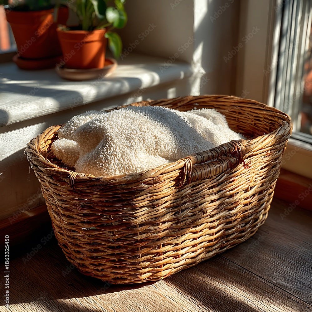 Obraz premium Rolled towels in basket by sunny window high resolution picture