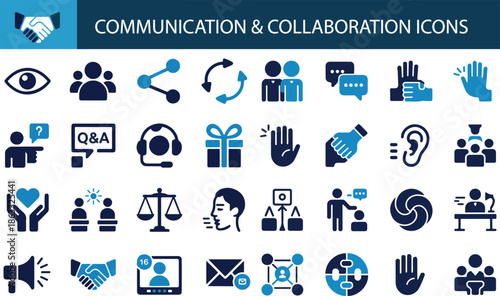 Communication and collaboration icon set. Containing handshakes, vision eyes, sharing nodes, feedback loops, team meetings, chat bubbles, support headsets, and voting hands.