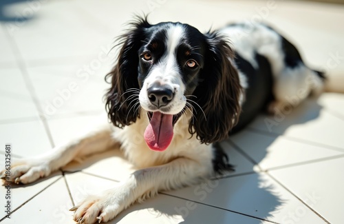Black and white spaniel dog panting heavily. Animal lies on hot ground, showing tongue in intense sunlight. Pet needs water due to extreme heat. © miss irine