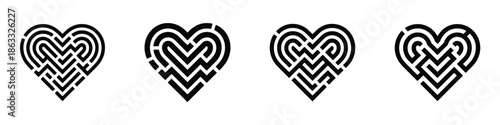 Heart Maze Vector Set – Love Labyrinth Icons for Valentine’s Day, Romantic Puzzle Symbol Design, Minimal Black Silhouette Illustration Representing Relationship Journey and Emotional Connection