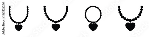 Heart Necklace Vector Set – Romantic Jewelry Silhouette Icons for Valentine’s Day, Love and Relationship Symbol, Minimal Black Bead Chain Design for Gifts, Cards, and Fashion Decoration