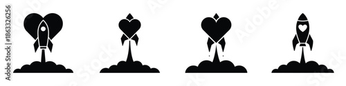 Heart Rocket Vector Set – Love Launch Icons for Valentine’s Day, Romantic Space Theme Illustration, Passion, Relationship, and Dream Symbol in Minimal Black Silhouette Design