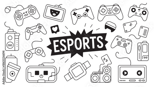 Esports and gaming concept with doodle controllers and devices line art vector illustration