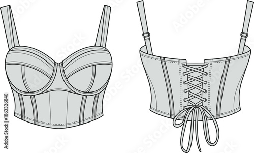 Adjustable strap corset top with back lace-up tie, panel seams and underwire cups, CAD drawing flat vector illustration