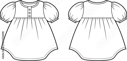 Adorable baby dress technical flat sketch, puff sleeve cute design, professional CAD fashion vector illustration for kidswear designers and apparel production