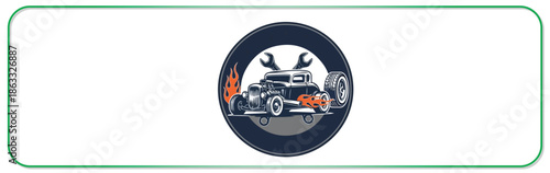 Vintage hot rod car logo with flames and wrenches