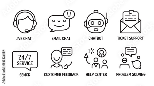 Customer support and service icons for app ui and website line art vector set