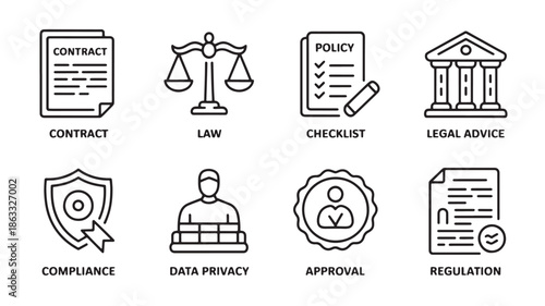Legal and business document icons for compliance and data privacy outline vector set