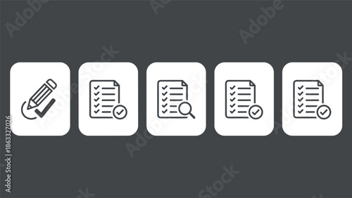 Minimal document checklist and task management icon set for approval workflow, review process, auditing, and productivity dashboard interfaces
