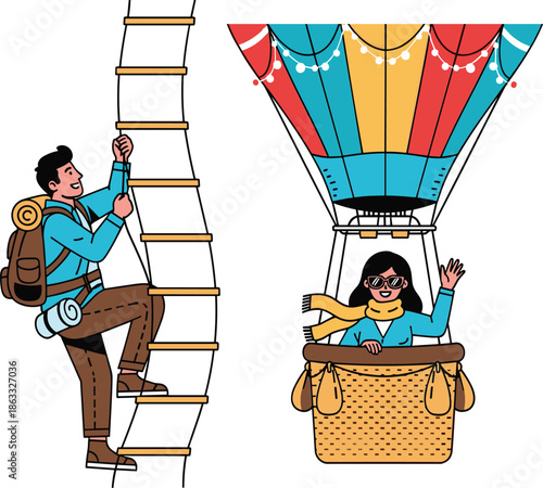 Adventure couple traveling with hot air balloon, man climbing rope ladder, woman waving, outdoor exploration, travel lifestyle, holiday adventure, sky journey