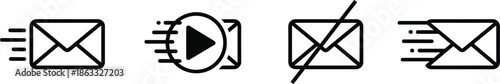 Minimal email message action icon set with send, play, block, and fast delivery symbols for communication apps and UI design