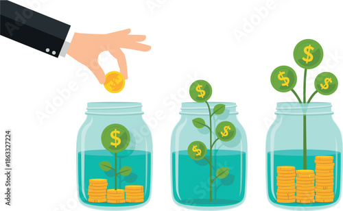 Flat Vector Illustration of Investment Growth Stages in Glass Jars
