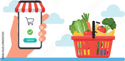 Flat Vector Illustration of Mobile Grocery Shopping and Fresh Food Delivery